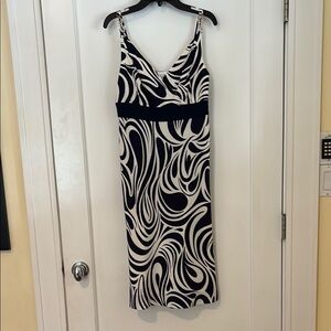 Navy and White Silk Swirl Midi Dress